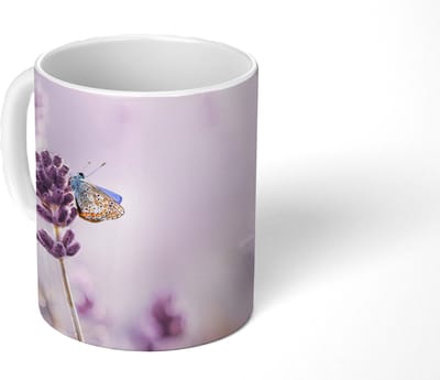 Mok - Koffiemok - Lavendel - Vlinder - Close-up - Paars - Mokken - 350 ML - Beker - Koffiemokken - Theemok