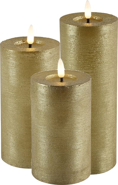 LED kaarsen/stompkaarsen - set 3x - goud - H12,5, H15 en H20 cm - warm wit