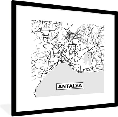 Fotolijst incl. Poster Zwart Wit- Antalya - Stadskaart - Plattegrond - Zwart Wit - Kaart - 40x40 cm - Posterlijst