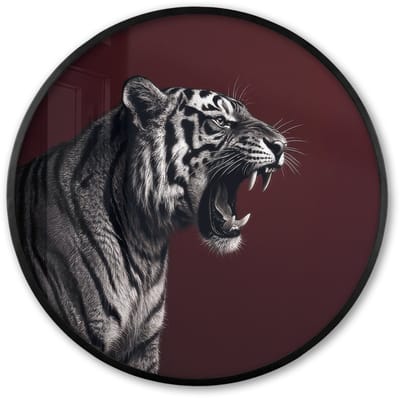 Poster in lijst Rond - Fotolijst 60x60 cm - Posters - Tijger - Brult - Bordeaux - Ronde posterlijst zwart - Decoratie - Wanddecoratie woonkamer - Muurdecoratie slaapkamer