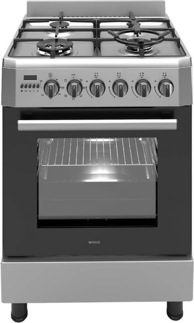 Wiggo WO-E639B(XX) – Vrijstaand gasfornuis – 60 cm – 5 kookzones – met wokbrander – 56L elektrische oven – Roestvrijstaal – Elektrische vonkontsteking & vlambeveiliging – Energieklasse A – 5 jaar garantie