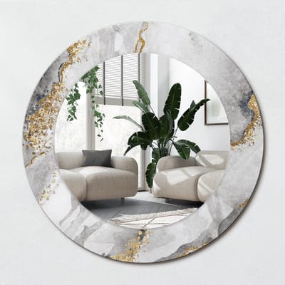 Wallfluent Bedrukte Ronde Spiegel - Ronde Spiegel Met Print Marmerpatroon - 50 cm / 36 cm - Gouden - Gouden Ronde Wandspiegel Met Print - Badkamerspiegel - Gangspiegel - Eetkamer - Hal - Wandmontage