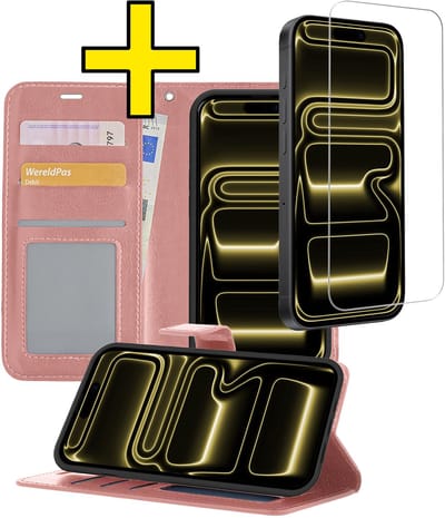Hoesje - Met Screenprotector - Geschikt voor Apple iPhone 17 Pro - Luxe Pasjeshouder - Bookcase Portemonee - Flip Case - Kunstleer Book Case - Flipcase - Book Cover - Walletcase - Portemonneehoes - Telefoonhoesjes - Rosé goud
