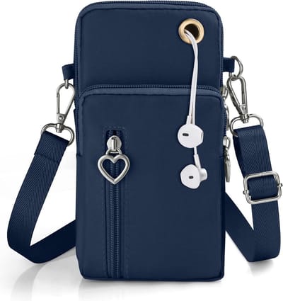 Nylon omhangbaar telefoontasje met koptelefooningang - Mini crossbody schoudertas - Blauw - Geschikt voor mobiele telefoon onder de 7 inch