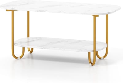 Luxe Salontafel met 2 Niveaus en Marmerlook - Rechthoekig Woonkamermeubel