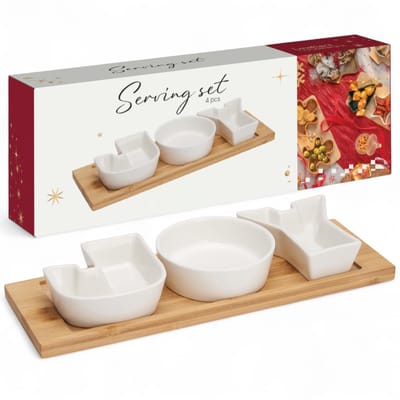 Dailygoods- Serveerset Kerstmis - 4-delige Porseleinen Schaaltjes JOY - Houten Dienblad - Feestelijke Snackset - Kerstdecoratie - Tafeldecoratie