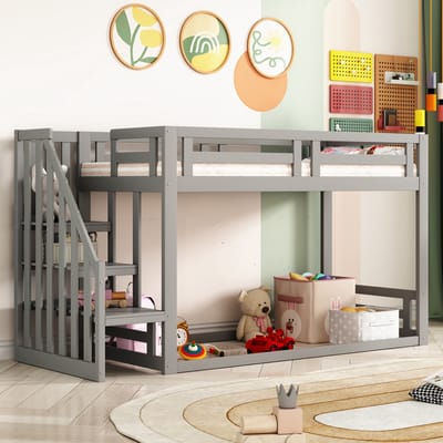 DESMIU Kinderstapelbed 90x200 cm – Laag Huisbed Met Veiligheidstrap – Open Speel- En Slaapruimte Met Opbergtrap – Massief Hout – Grijs – Zonder Matras