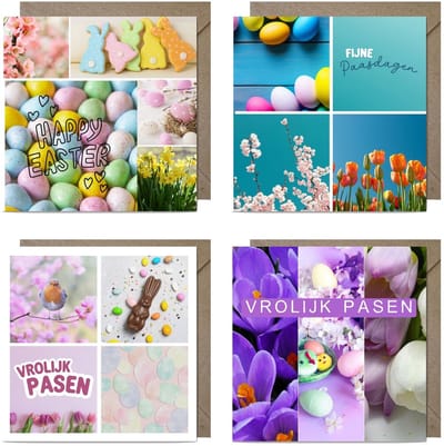8 Luxe Vierkante Vrolijk Pasen Wenskaarten - Paaskaarten - 13,5x13,5cm - gevouwen kaarten Inclusief gekleurde enveloppen
