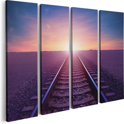 Artaza Canvas Schilderij Vierluik Rails Spoorweg In De Woestijn Bij Zonondergang - 80x60 - Foto Op Canvas - Canvas Print