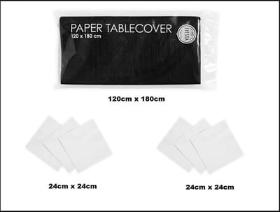 1x Tafelkleed papier zwart 120cm x 180cm + 40x Cocktail servetten wit 24cm x 24cm 3 laags
