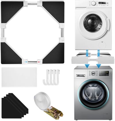 Solvix Wasmachine Verhoger – Tussenstuk Wasmachine Droger – Wasmachine Ombouw – Stapelkit Verstelbaar – Voor Wasmachine en Droger 21 tot 27 Inch – RVS en Kunststof
