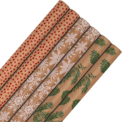 Kerst inpakpapier pakket - 6 rollen, bruine kraftpapier met feestelijke ontwerpen