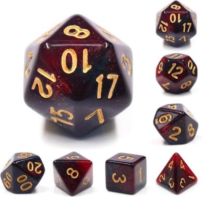 Polyset Dice | Dobbelstenen - Set Van 7 Stuks - Rood Zwart Glitters en Goud| Polydice | Voor D&D en Andere Rollenspellen | Plastic Dobbelstenen Set voor Dungeons and Dragons | Polyhedral Dice Set | Mooie Zwarte Velvet Dice Bag voor Ongeveer 3 Sets