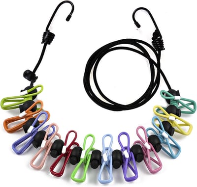 Draagbare waslijn - Waslijn met 12 Gekleurde Wasknijpers - Elastische Waslijn - Waslijn Camping - Wasdraad - Verlengd tot 3 meters - Drooglijn - Weerbestendig - 1.8 m Drooglengte - voor reizen, vakantie, outdoor, camping, slaapzaal - Zwart