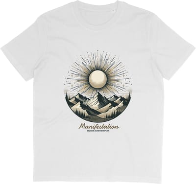 T Shirt Met Spirituele Grafische Print en Tekst: Manifestation Believe Achieve Repeat - Wit - S