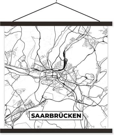 Posterhanger incl. Poster 60x60 cm - Schoolplaat - Plattegrond - Saarbrücken - Kaart - Stadskaart - Textielposter - Zwarte latten - Stadskaart