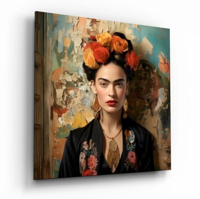 Glasschilderij Vierkant – Vrouw met Bloemen – Artistiek Portret – Wanddecoratie - 100 x 100 cm