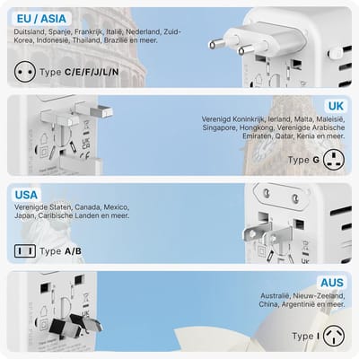Famanu Reisadapter wereldwijd, universele reisstekker voor 170+ landen, reisstekker adapter wereldwijd Europa VS Mexico Australië, universele all-in-one Travel Plug adapter met 2 USB-C en 2 USB-A