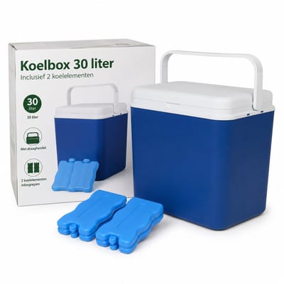 Koelbox 30 Liter – Inclusief 2 Koelelementen – Blauw/Wit – Met Draaghendel – 40,5 x 29,6 x 38,2 cm – Voor Camping, Strand, Picknick en Onderweg