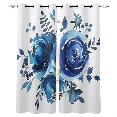 Bloemen Blauw Bloeiend Park Donkerblauw Raamgordijnen Scenische Gordijnen voor Woonkamer Decoratieve Artikelen Woonkamer 135W x 60H(cm)