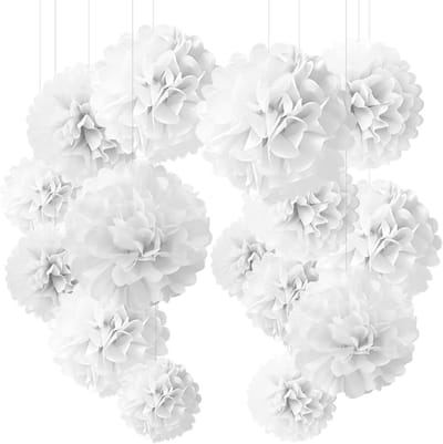 JGS Premium - Pompon decoratie set van 24 stuks wit zijdepapier voor bruiloft en slaapkamer