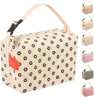 Grote Capaciteit Lunchtas met Dikke Aluminiumfolie Isolatie, Waterdichte en Oliebestendige Bento Pouch, Corduroy Materiaal voor Voedselopslag, Uitbreidbare Bloem - Beige