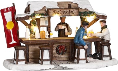 Luville Kerstdorp Miniatuur Schnaps Markt - Kerstversiering met Verlichte Schnapskraam - Guirlande voor je Kerstdorp - Kerstslingers met Proostende Figuren - L16 x B8 x H9 cm