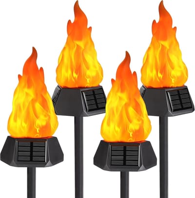 Halloween - Halloween decoratie - Pakket van 4 zonnelampen voor buiten met realistisch vlameffect - Halloween decoratie tuinen zonnelampen voor buiten tuinfakkels - waterdichte zonnefakkel IP65 - zonnelamp voor buiten achtertuinen, gazons