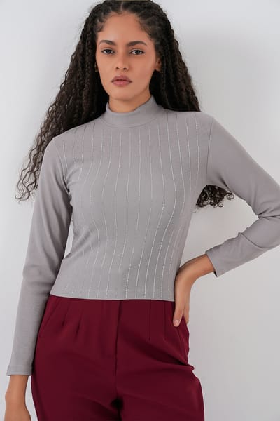 Gestreepte Halve Col Lange Mouwen Top met Stenen Detail
