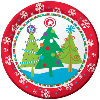 8 papieren bordjes met kerstthema, kleurrijk kerstboomontwerp, 23 cm