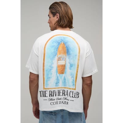 Wit Oversized Boxy T-shirt Met Yacht Riviera Club Print | White | Size Small