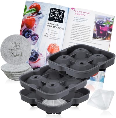 Moritz & Moritz 2x Ijsblokjesvorm Diamant - Ijsblokjesvorm silicone voor 8 Ijsblokjes in Diamantvorm - Incl. 6 Vilten Onderzetters & Receptenboekje - BPA Vrij - Silicone