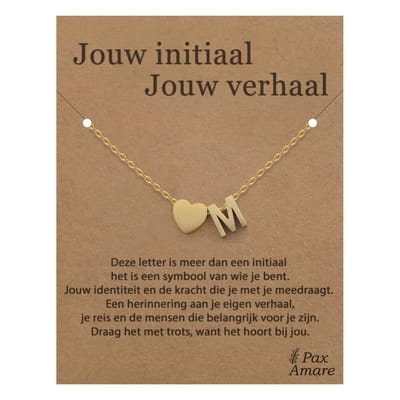 Letter M ketting op Cadeau Kaartje - Jouw initiaal, jouw verhaal - 45cm Goudkleurig Stainless Steel - Initiaal & Hartje Hanger - Pax Amare