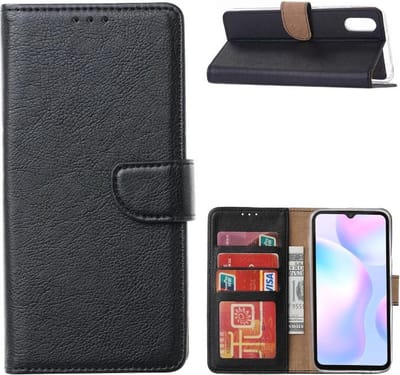 LuxeBass Hoesje geschikt voor Xiaomi Redmi 9A - Bookcase Zwart - portemonnee hoesje gsm hoesje - telefoonhoes - telefoonhoesjes