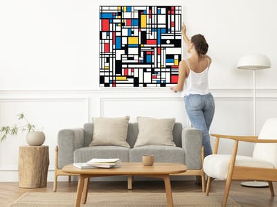 Doodle mondriaan schilderij | Abstracte lijnen en kleuren dansend op het canvas van Mondriaan | Kunst - 30x30 centimeter op Dibond | Foto op Dibond