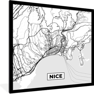 Fotolijst incl. Poster Zwart Wit- Kaart - Frankrijk - Nice - Stadskaart - Plattegrond - Zwart wit - 40x40 cm - Posterlijst