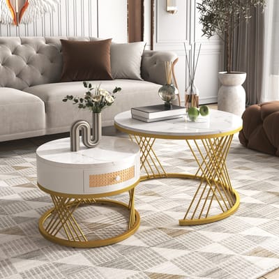 DESMIU Ronde Salontafel Set - Luxe Marmerlook Met Lade En Rieten Accent - Voor Woonkamer En Werkkamer - MDF - Wit En Goud - 70x70x45,5 En 50x50x38,5 Cm