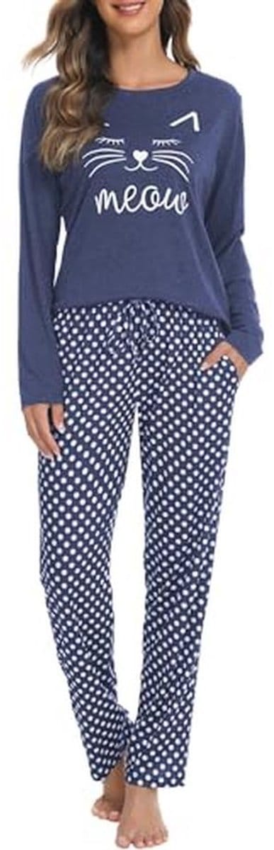 Dames Pyjama met Lange Mouwen - Warme Tweedelige Huispakset - Marineblauw - Winter Sleepwear
