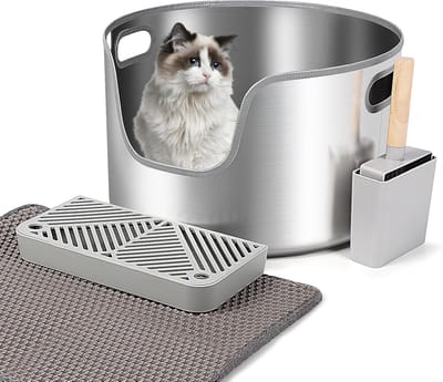 Famanu – Roestvrijstalen Kattenbak - Ronde Hoogzijdige Metalen Kattenbak met Schepje - Filterpedaal & Kattenbakmat - Gemakkelijk Schoonmaken