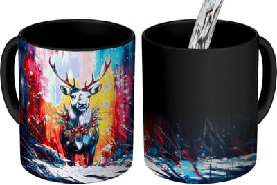 Magische Mok - Foto op Warmte Mokken - Koffiemok - Rendier - Gewei - Krans - Kleurrijk - Magic Mok - Beker - 350 ML - Theemok