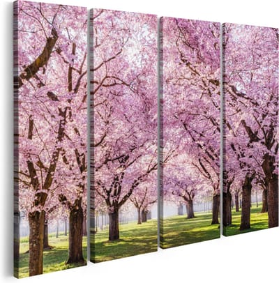 Artaza Canvas Schilderij Vierluik Roze Bloesembomen Park - Bloemen - 160x120 cm - Groot - Wanddecoratie Woonkamer - Schilderijen - Muurdecoratie