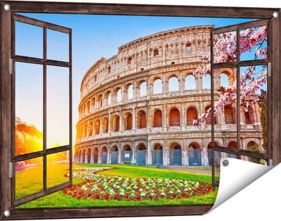 Gards Tuinposter Doorkijk Colosseum bij Zonsopgang in Rome, Italië - 90x60 cm - Tuindoek - Tuindecoratie - Wanddecoratie buiten - Tuinschilderij