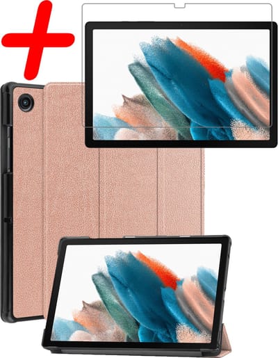 Hoesje Geschikt voor Samsung Galaxy Tab A8 - Met Screenprotector - Trifold Bookcase - Hard Cover - Hardcover Book Case - Tablet Hoes - Rosé goud