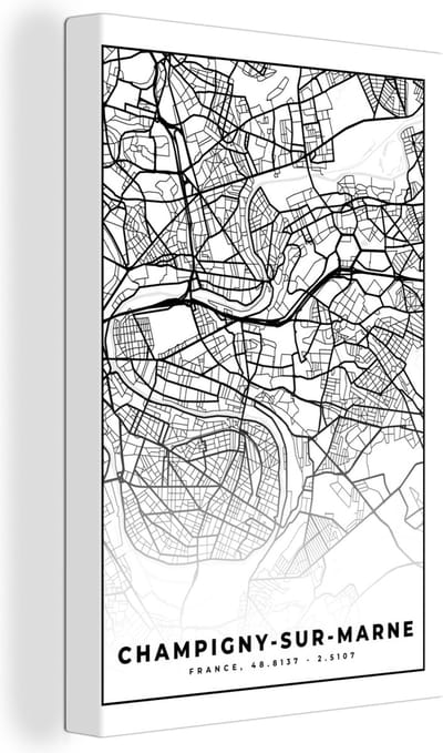Canvas Schilderij Kaart - Plattegrond - Champigny-sur-Marne - Frankrijk - Stadskaart - Zwart wit - 20x30 cm - Wanddecoratie