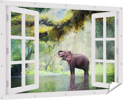 Gards Tuinposter Doorkijk Vrolijke Olifant in het Water - 180x120 cm - Tuindoek - Tuindecoratie - Wanddecoratie buiten - Tuinschilderij