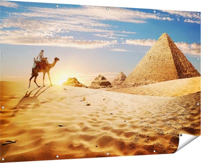 Gards Tuinposter Egyptische Piramides met een Kameel - 180x120 cm - Tuindoek - Tuindecoratie - Wanddecoratie buiten - Tuinschilderij