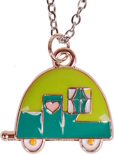 Kinderketting 45cm - Hangertje Caravan blauw/groen zilverkleurig geëmailleerd 2cm