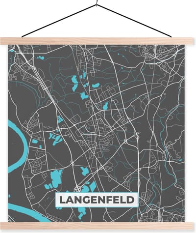 Posterhanger incl. Poster 60x60 cm - Schoolplaat - Blauw – Duitsland – Plattegrond – Stadskaart – Kaart – Langenfeld - Textielposter - Blanke latten - Stadskaart