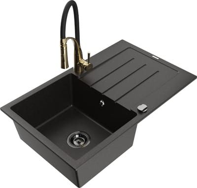 Mexen Bruno granieten gootsteen 1-komorige met afdruipplaat en keukenkraan Aster, zwart/goud metallic - 6513-75-73450-57-B