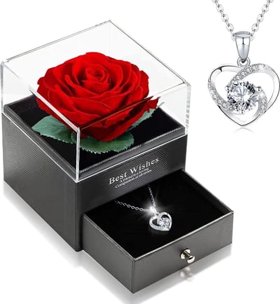 Eeuwige Bloem + Sieraden Doos + Rose Hartjes Ketting - Eeuwige Roos Cadeau voor Vrouw- Verjaardag Cadeau Vriendin - Romantisch Cadeau - Huwelijksaanzoek - Liefde - Valentijn -